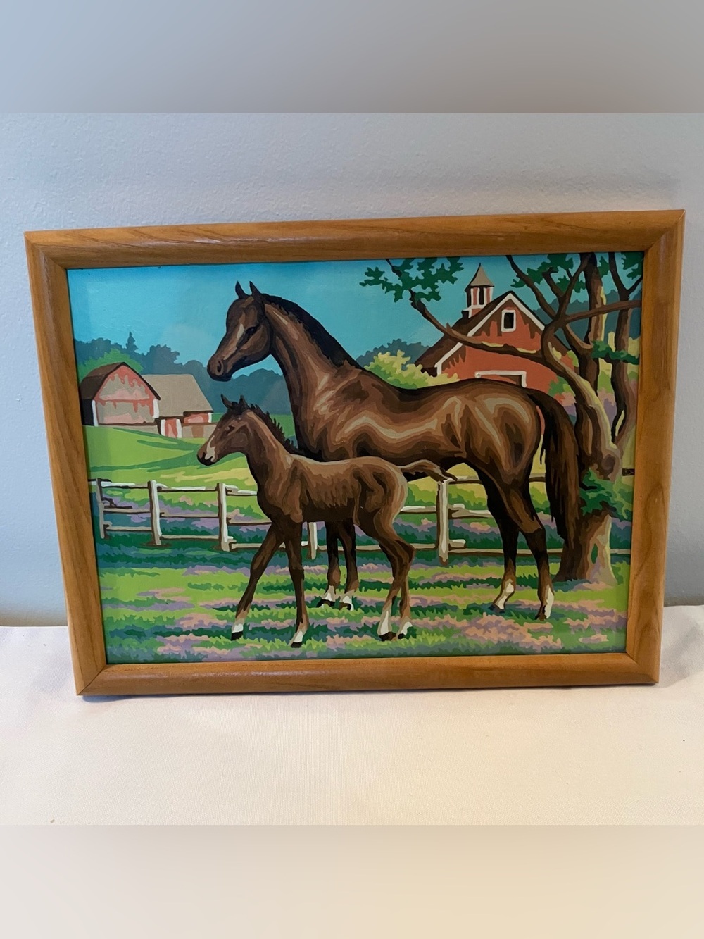 VTG Paint By Number Horses Mare Foal Country Barn Scene 1960s MCM 10x13 Framed